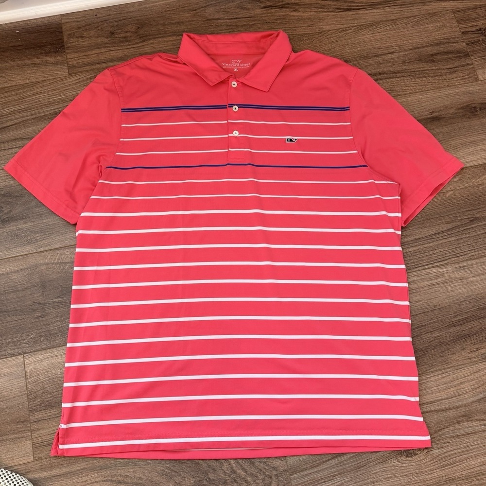 Vineyard Vines Men Polo Shirt XL Pink Striped Performance Golf Casual Whale Logo